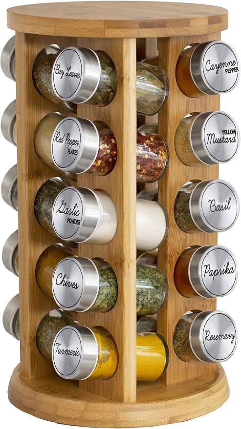 Orii 20 Jar Bamboo Spice Rack with Spices Included - Rotating Tower Organizer for Kitchen Spices and Seasonings, (Bamboo Wood)-Ruum Studio Home