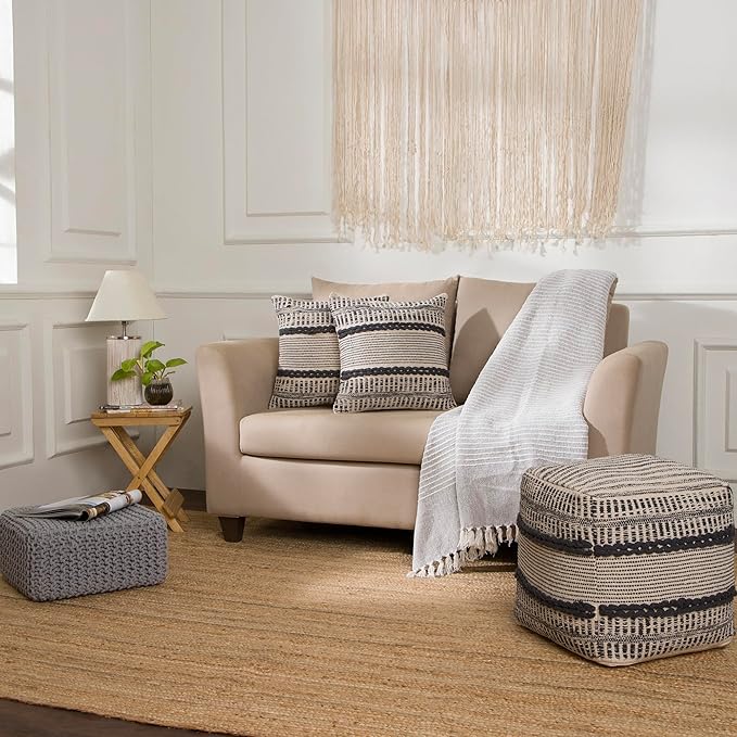 REDEARTH · Tufted Pouf Ottoman with Filler Textured Storage Cube Bean Bag Pouffe Footrest for Living Room, Bedroom, Nursery, Kidsroom; 100% Cotton (17.5"X17.5"X17.5", Chevron Gage)-Ruum Studio Home