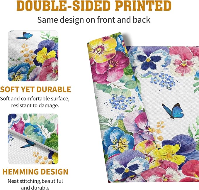 Watercolor Flowers Placemats Set of 4 Spring Summer Floral Butterfly Linen Fabric Table Mats Pansy Flower Eucalyptus Leaves Washable Place Mats for Farmhouse Dining Table Kitchen Decoration-Ruum Studio Home