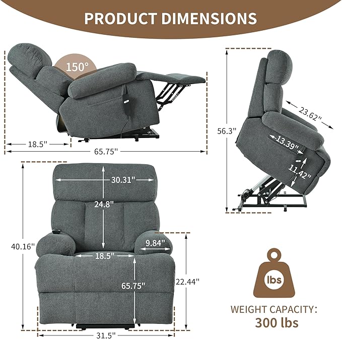 Power Lift Chair Recliners for Elderly, Overstuffed Electric Lift Recliner Chair with Widened Footrest Side Packets for Living Room Bedroom-Ruum Studio Home