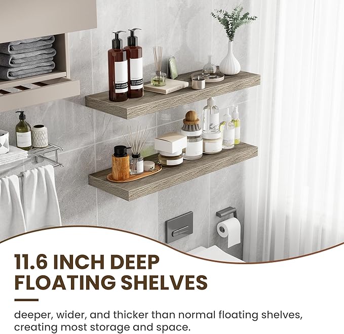36 Inch Floating Shelves, 12 Inch Deep Floating Shelves for Wall, Floating Shelf with Invisible Brackets, Deep Shelves for Bathroom, Bedroom, Living Room, 2 Pack, Vintage Gray Oak-Ruum Studio Home