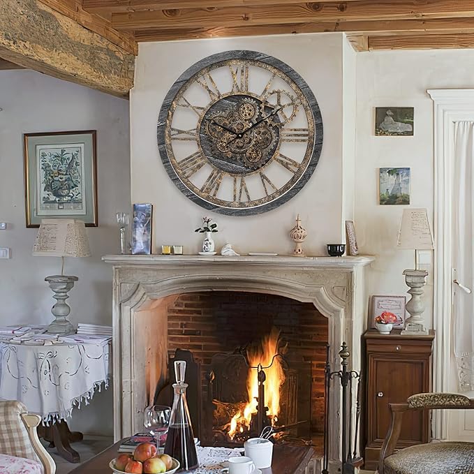 HOIBAI Large Wall Clock, Wall Clocks for Living Room Decor 20 Inch Farmhouse Vintage Rustic Kitchen Wall Decor Vintage Roman Oversized Wall Clock for Home Bedroom House Office, Moving Gears Clock-Ruum Studio Home
