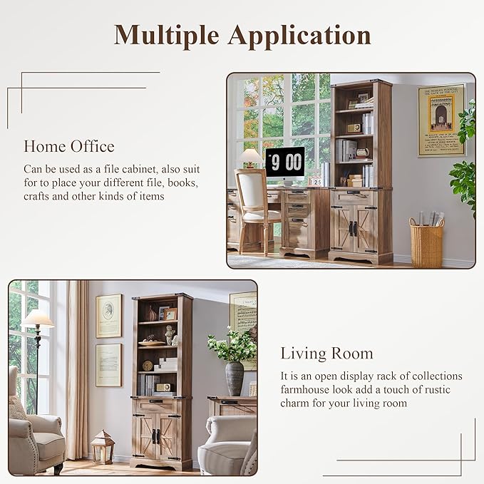 RedLemon Bookshelf with Storage Cabinet, 72" Tall Farmhouse Bookcase with Adjustable Shelves and Barn Door, 4 Tier Office Wood Bookshelf with Retro Metal Handles for Office, Library (Natural Oak)-Ruum Studio Home