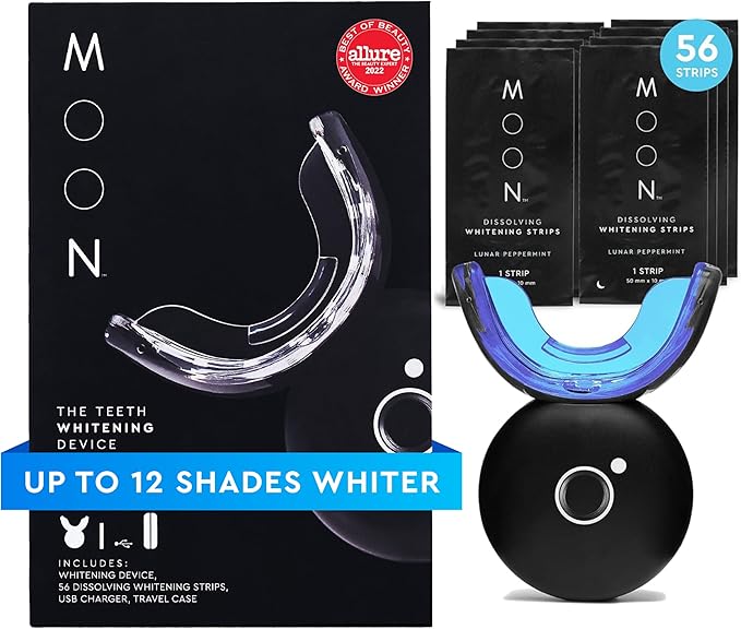 MOON LED Teeth Whitening Kit - Gentle Teeth Whitener Device, 56 White Strips, USB Charger & Travel Case - Blue Light Whitening Tray Removes Stains & Whitens Up to 12 Shades in 2 Weeks (4 Piece Kit)-Ruum Studio Home