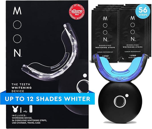 MOON LED Teeth Whitening Kit - Gentle Teeth Whitener Device, 56 White Strips, USB Charger & Travel Case - Blue Light Whitening Tray Removes Stains & Whitens Up to 12 Shades in 2 Weeks (4 Piece Kit)-Ruum Studio Home