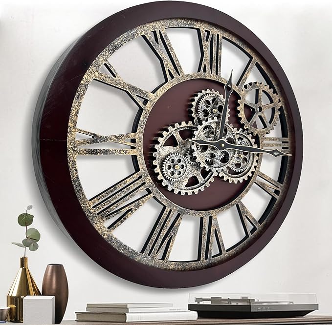 The B-Style Large Wall Clock 24 inch Moving Gear Wall Clock Oversized Vintage Farmhouse Wall Clocks for Living Room Decor Rustic Industrial Wood Clock (Cherry red and Bronze)-Ruum Studio Home