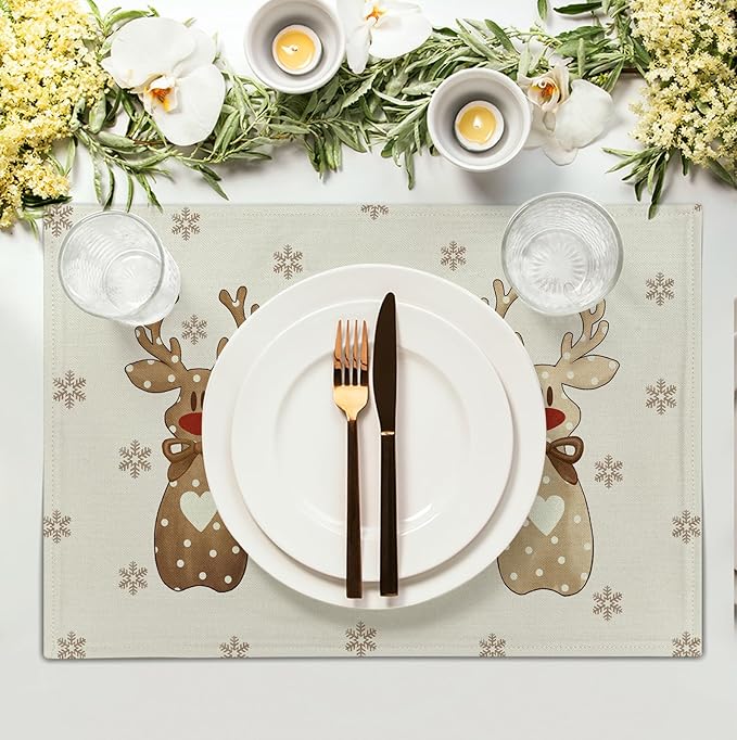 Christmas Reindeer Snowflakes Placemats Set of 4 Xmas Cute Elk Deer Place Mats 12x18 Seasonal Winter Holiday Farmhouse Linen Table Mats for Party Kitchen Dining Outdoor Indoor Decor-Ruum Studio Home