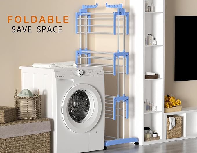 HOMIDEC Clothes Drying Rack, Large 4-Tier Foldable Drying Rack Clothing(67.7H x 19.7W x 30L Inches), Movable Drying Rack with 4 castors. Multifunctional Stainless Steel Laundry Drying Rack, Blue-Ruum Studio Home