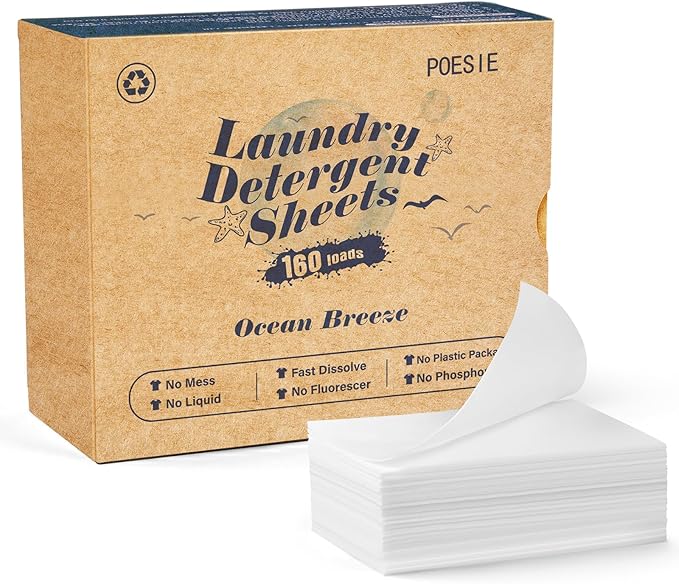 Poesie Laundry Detergent Sheet Ocean Breeze Scent 160 Loads Portable Non-Plastic Drawer Box Travel-Friendly Liquidless Portable No Mess Laundry Soap Strips for Home Dorm RV Outdoor Trip-Ruum Studio Home