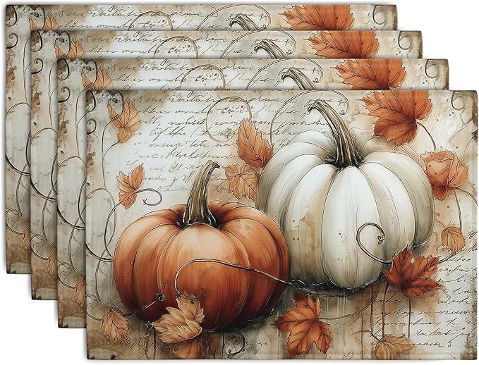 Fall Vintage Pumpkin Leaves Placemats Set of 4 Autumn Thanksgiving Harvest Linen Dinner Place Mats 12x18 Burnt Orange and White Rustic Farmhouse Decorative Kitchen Table Mats-Ruum Studio Home
