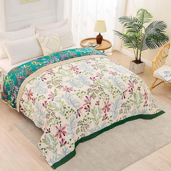 Boho Throw Blanket for Bed, 100% Cotton Soft Rustic Quilt Fall Blanket, 80" 90" Floral Printed Farmhouse Decor Bed Blankets, All Season Rustic Reversible Bohemian Throw Quilt-Ruum Studio Home