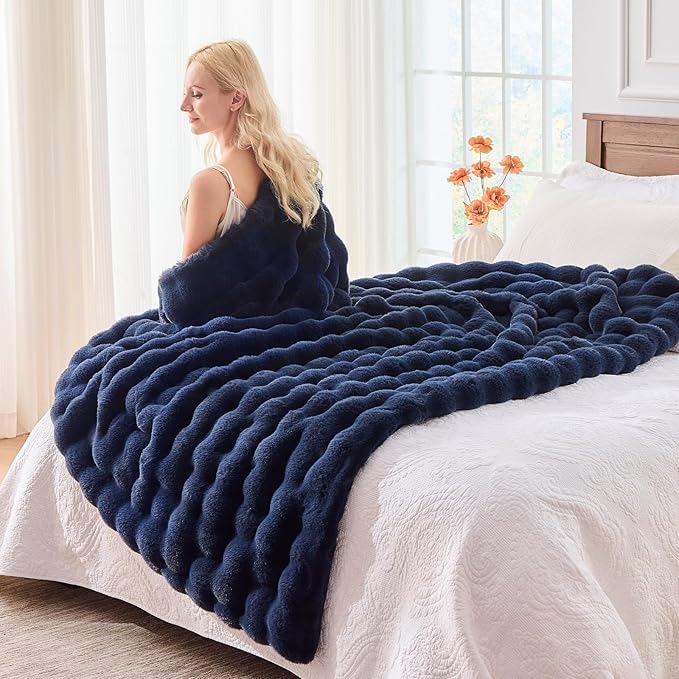 BENVWE Fluffy Faux Fur Throw Blanket for Couch, Soft Plush Thick Cozy Fuzzy Luxury Minky Bubble Blanket for Home Living Room Decor Gift for Women, Navy Blue, 51" x 63", 1100GSM-Ruum Studio Home