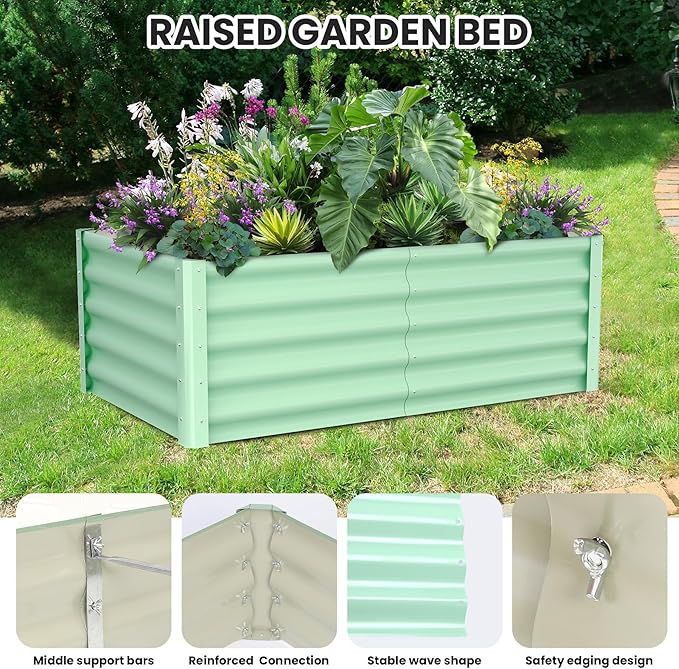 Large Outdoor Planter Boxes Kit Set of 2, 6x3x1.5ft Galvanized Raised Bed Planter with Open-Ended Base Design, Elevated for Outdoor Plants, Durable Raised Bed for Gardening,Green-Ruum Studio Home
