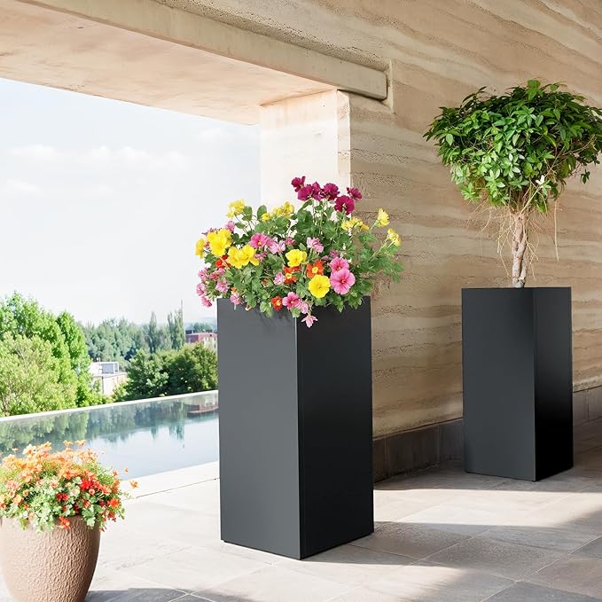 Stoog 30" Tall Planters for Outdoor Plants, All-Weather Metal Planter Boxes Set of 2, with Removable Insert Shelf, Modern Design, Indoor/Outdoor Use, Black-Ruum Studio Home