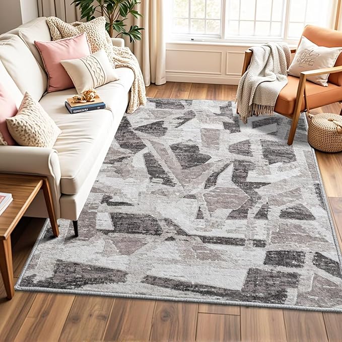 Modern Abstract 5X7 Area Rug for Living Room Bedroom Washable, with Non-Slip Rubber Backing Print Faux Wool Thin, Grey Throw Large Carpet for Kids Playroom Dining Room Pet & Child Friendly-Ruum Studio Home