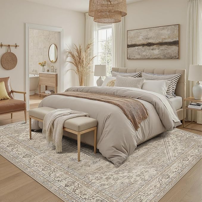 DCX Machine Washable Brown and Beige Area Rug 8x10, Non Slip Stain Resistant Vintage Floral Rug for Living Room Bedroom Nursery, Soft Low Pile Large Carpet-Ruum Studio Home