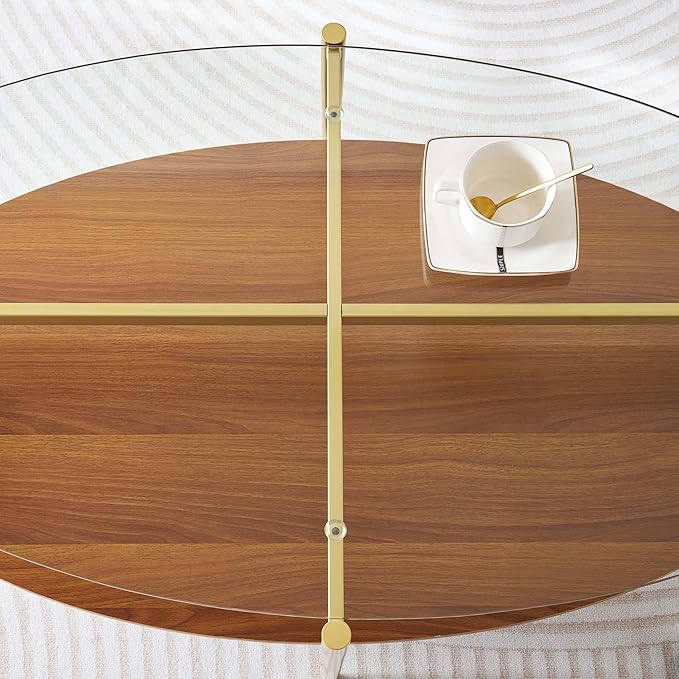 Oval Glass Coffee Table, Mid-Century Modern Design, L43 x W22 x H17 inch, 2-Tier Structure, Olive Shaped Clear Glass Top and Walnut Finish Wood Shelf, Tapered Legs with Gold Finish Frame-Ruum Studio Home