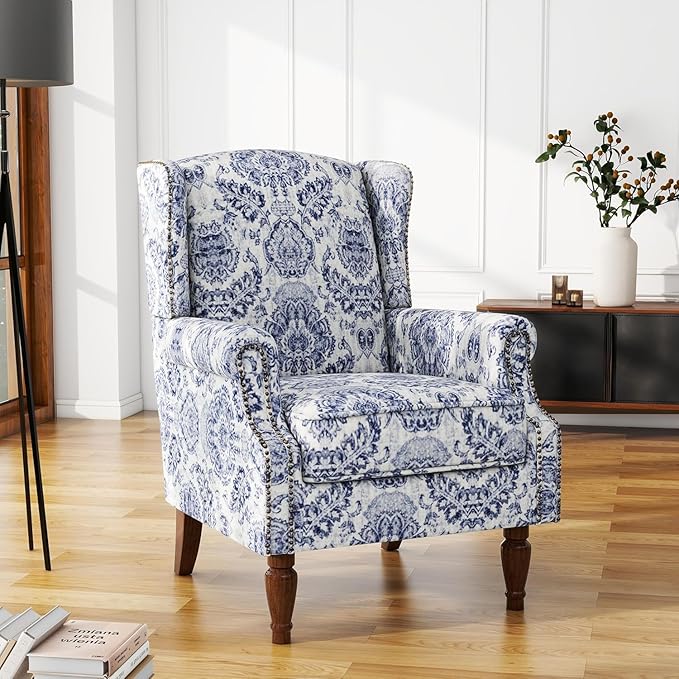 UIXE High Back Floral Accent Chair, Fabric Upholstered Armchair for Living Room, Retro Wingback Arm Chair with Solid Wood Legs, Nailhead Trim Single Sofa Bedroom Reading Seat - Navy Blue-Ruum Studio Home
