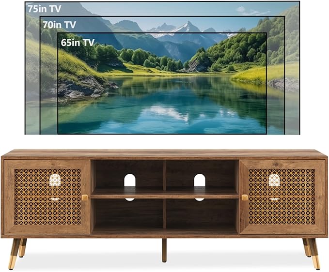 JYED Mid Century Modern TV Stand and Console for TVs Up to 75 inch - Rustic Oak Entertainment Center, 2 Gold Metal Mesh Doors & MDF Wood Grain, 15.8" D x 66" W x 23.5" H-Ruum Studio Home