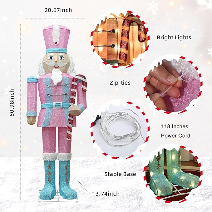 61Inch Nutcracker Christmas Decor Outdoor with LEDs 5 Feet Lighted Large Nutcracker Lighted Christmas Decorations Outdoor with Stakes & Zip Ties for Xmas Yard, Porch, Lawn-Ruum Studio Home