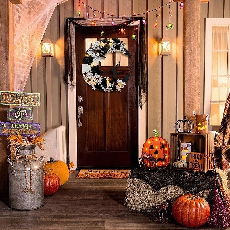 Halloween Wreaths for Front Door with Light, Black Cat Crescent Moon Wreath, Cute Cat Garland Halloween Door Decorations for Outdoor Indoor Decor Wall Window Home Party-Ruum Studio Home