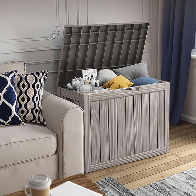 45 Outdoor Storage Box, Waterproof Resin Deck Box with Side Handles, Lockable Outdoor Bench for Indoor & Outdoor Use, Storage Bin for Patio Cushions, Garden Tools, Package Delivery, Grey-Ruum Studio Home