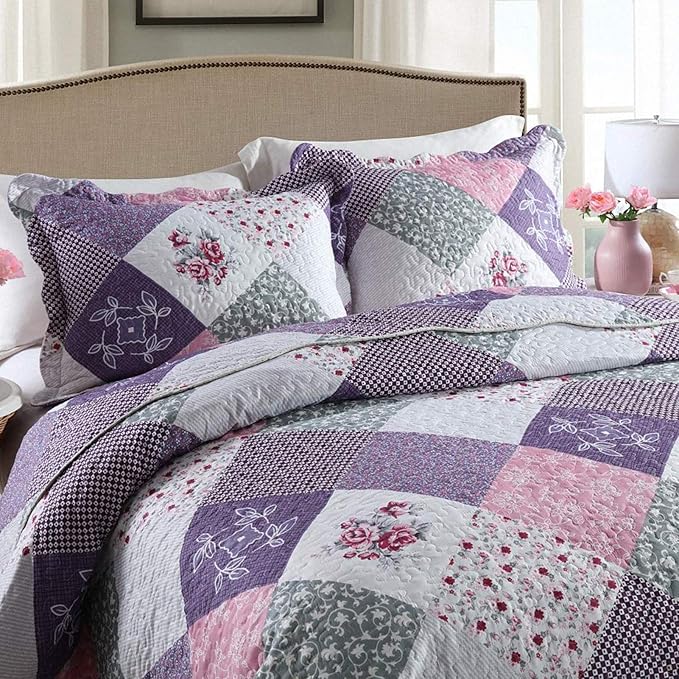 NEWLAKE Quilt Bedspread Sets-Floral Checkered Pattern Reversible Coverlet Set,King Size-Ruum Studio Home