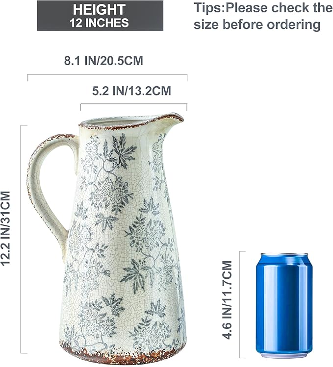 Enra Blue and White vase with Handle,12.2 inch Ceramic Vintage Decorative Flower Pitcher vase, Chinoiserie Floral Vase,Large Rustic Vases for Home Decors, Living Room, Bookshelf, Office-Ruum Studio Home