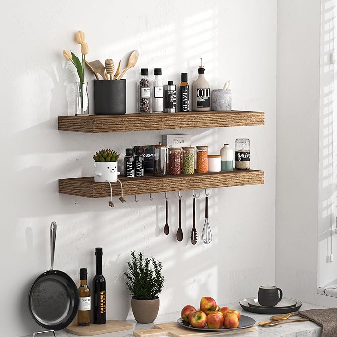 Fun Memories Floating Shelves - 24 Inch Rustic Wooden Wall Shelves - Extra Deeper & Thicker Wall Mounted Storage Shelf for Living Room, Kitchen, Farmhouse - 24"x 9"x 1.6" 2Pack, Walnut-Ruum Studio Home