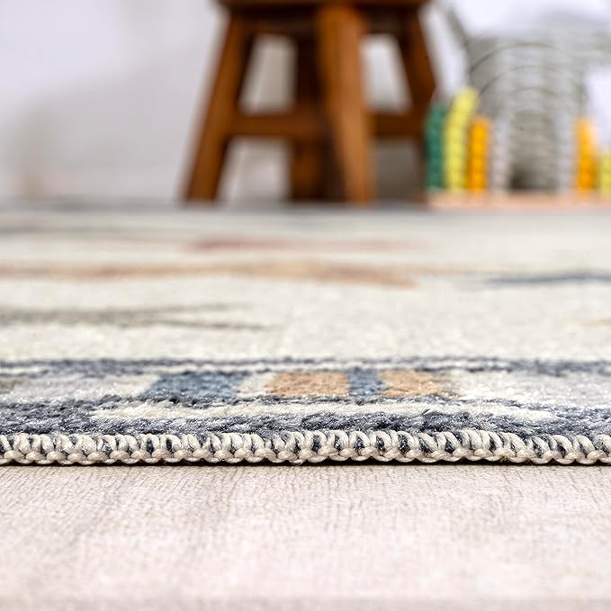 JONATHAN Y Machine-Washable Ivory/Blue/Orange Indoor Area Rug, 4x6, Star Gazer Geometric, Border, Kids & Novelty, Classic, Bedroom, Kitchen, Living Room, Easy-Cleaning, Non-Shedding (KDW100A-4)-Ruum Studio Home