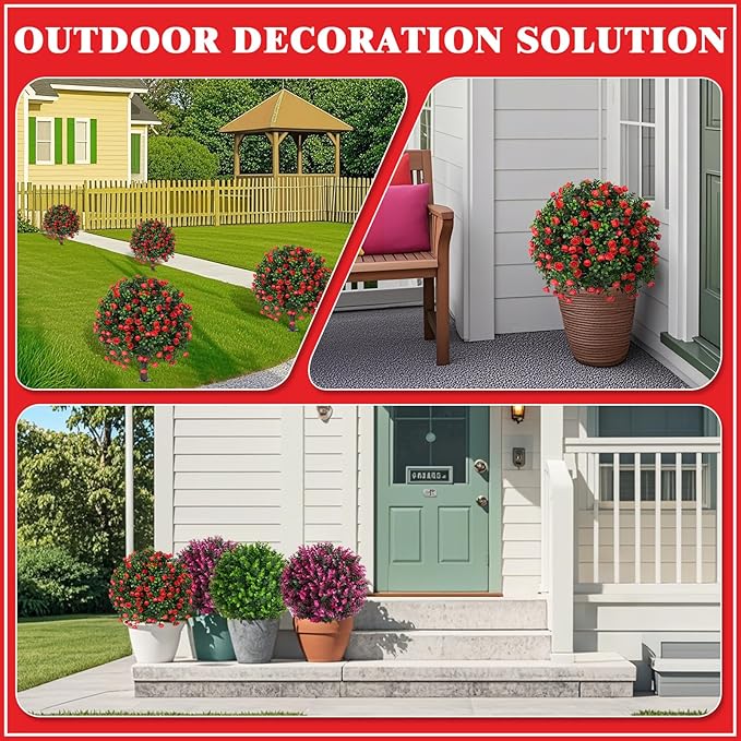 Artificial Boxwood Topiary Tree with Rose, Set of 2 Artificial Shrub Bushes with Ground Spike, Fake Evergreen Tree for Porch, Artificial Plants for Outdoor Planters Indoor UV Resistant-Ruum Studio Home