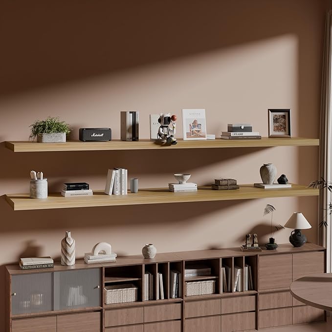 IAE Floating Wall Shelves 72 inch,Bathroom Shelves Wall Mounted,Invisible Shelves Floating Kitchen Shelves,Wooden Wall Shelves with Brackets for Living Room Wall Mounted,Easy Install,Set of 2,Natural-Ruum Studio Home