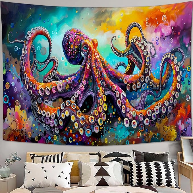 Octopus Tapestry Octopus Tapestries Ocean Navy Coastal Fabric Wall Hanging Aesthetic Space Indoor Outdoor Wall Art Tablecloth Bedspread for Bedroom Dormitory Living Room Home Decor 40"x60"-Ruum Studio Home