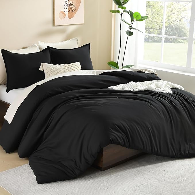 Litanika Black Comforter Full Size, 3 Pieces Boho Lightweight Solid Bedding Comforter Set, All Season Fluffy Bed Set (79x90In Comforter & 2 Pillowcases)-Ruum Studio Home