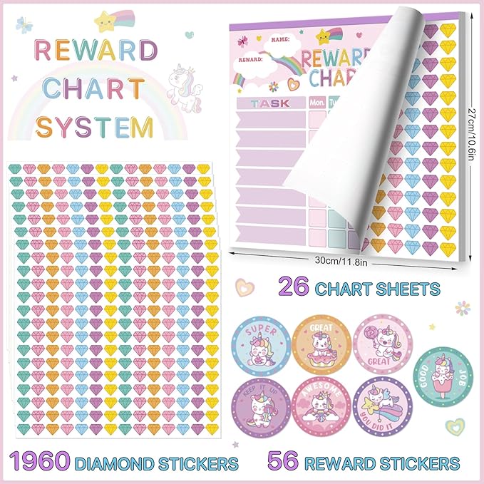 Reward Chart for Kids,Magnetic Behavior Chore Chart for Kids at Home,26 Little Hose Chore Charts,1960 Diamond Stickers,56 Reward Stickers,Incentive Chart to Develop Responsibility and Good Habits,Pink-Ruum Studio Home