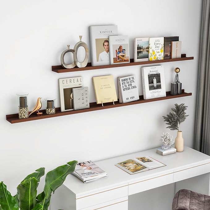 Solid Ash Wood Floating Shelves, Wood Picture Ledge Shelf Set of 2, 48 Inch Long Large Photo Ledge Shelves, Nursery Book Shelves Wall Mounted for Living Room Kids' Bedroom Decor, Color Walnut-Ruum Studio Home