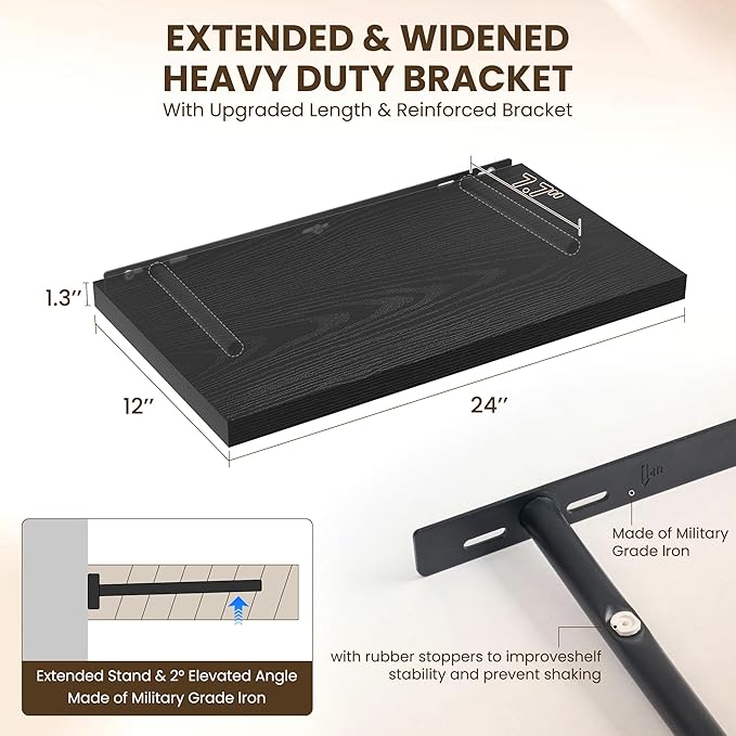 24" Floating Shelves for Wall, 12" Deep Slim Black Floating Shelves, Wall-Mounted Shelves for Bedroom, Living Room, Kitchen, Bathroom - Set of 2-Ruum Studio Home