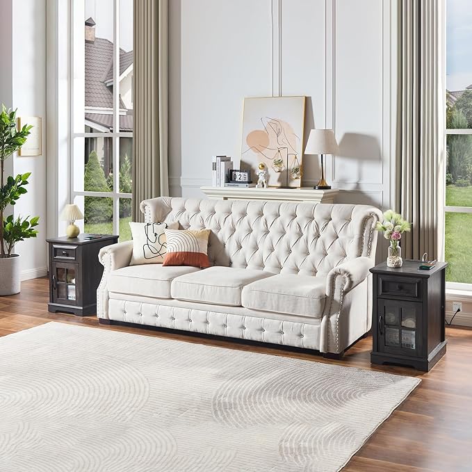 Farmhouse XXL End Table with Charging Station, Side Table with USB Ports and Outlets, Nightstand with Drawer and Glass Door Storage, Grey Bedside Tables for Living Room, Bedroom, Office-Ruum Studio Home