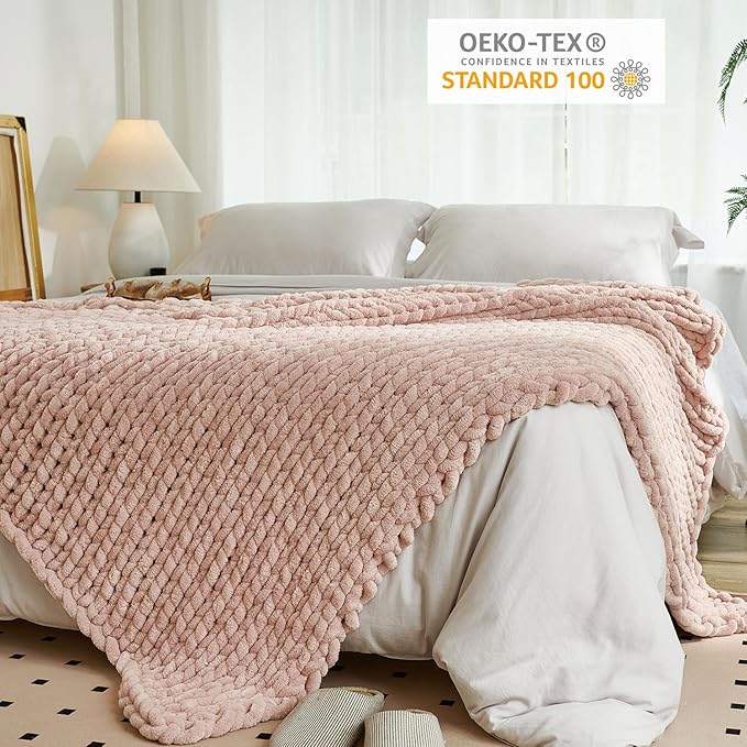 Esterra Chunky Knit Throw Blanket Newly Upgraded Heavy Tighter Version, Handmade Chenille Throw Super Soft, Thick Yarn Cable Knit Crochet Throw Blanket for Couch Bed Sofa, 50" x60, Coral Pink-Ruum Studio Home