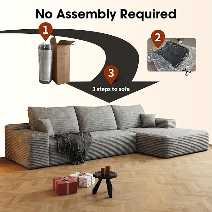 108" Sectional Couches for Living Room Modern Modular Sofa with L-Shape Couchs Upholstered Boneless Couch Deep Seat Sectional Couch with Chaise (Grey, Right Facing Chaise+2Seaters)-Ruum Studio Home
