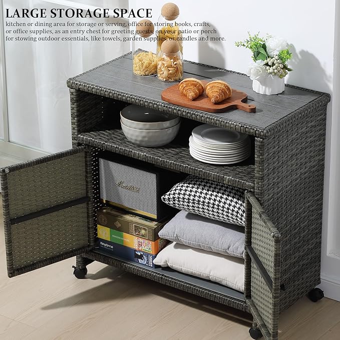 Outdoor Wicker Storage Cabinet,Patio Bar Table with Wheel, Outdoor Buffet Cabinet Movable, Garden Weather-Proof Bar Table/Cart for Indoor&Outdoor (Morden Gray)-Ruum Studio Home