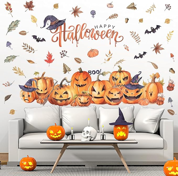 clothmile 38.18 x 36.15 Inch Halloween Wall Decals Halloween Pumpkins Bat Leaves Wall Stickers Removable Halloween Peel and Stick Sticker for Halloween Party Supplies Home Window Decor