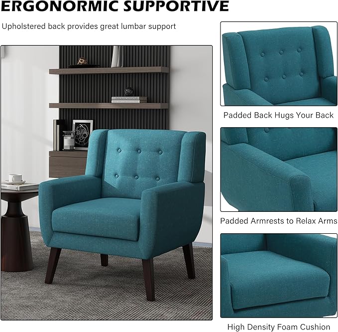 UIXE Accent Chair Modern Arm Chair, Mid Century Upholstered Club Armchair, Comfy Single Lounge Sofa Living Room Button Tufted Armrest Reading Seat Bedroom Side Seating, Turquoise Blue-Ruum Studio Home