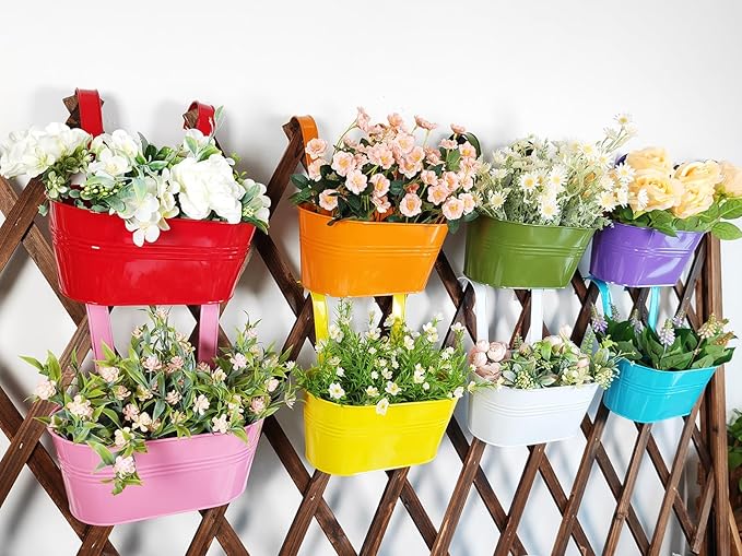 8 Pack Hanging Planters 10", Colorful Metal Bacony Railing Planter for Outdoor Decor, Countryside Fence Pot Flower Bucket for Rails Patio Garden, Plant Pot for Herb (Multi-Color, 8Pcs)-Ruum Studio Home