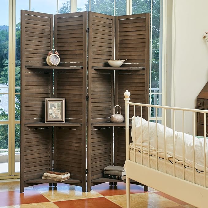Room Divider with Shelves, 5.6 Ft Tall Folding Wood Screen with Double Hinges for Home Office Bedroom Hotel Decoration (4 Panels, Brown)-Ruum Studio Home