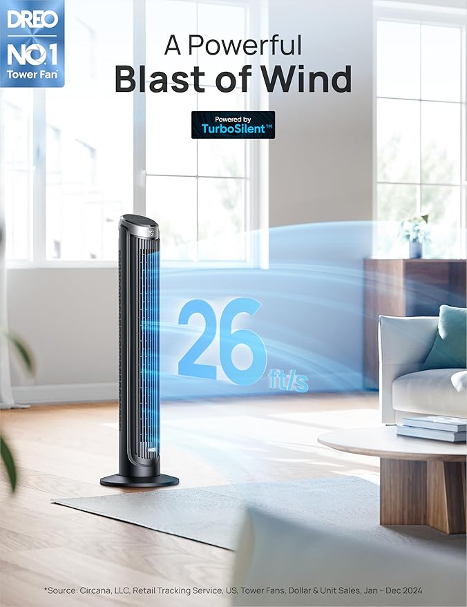 Dreo Smart Tower Fan for Bedroom, 90° Oscillating 40" Standing Fan, 26ft/s High-Speed 5 Speeds 4 Modes, Quiet Room Floor Fans, Touch/Remote/APP & Voice Control, Work with Alexa, 12H Timer, Silver-Ruum Studio Home