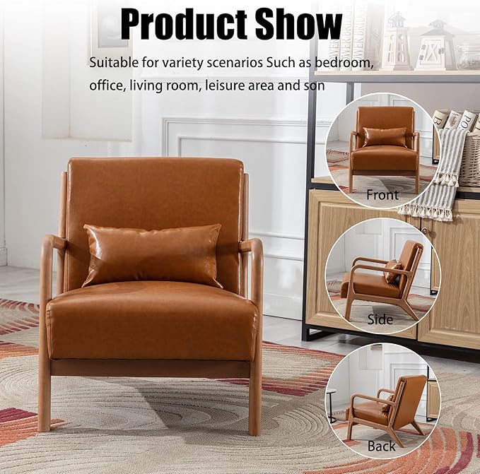 INZOY Mid Century Modern Accent Chair with Wood Frame, PU Leather Reading Armchair with Waist Cushion, Upholstered Living Room Chairs for Bedroom Sunroom (Camel)-Ruum Studio Home