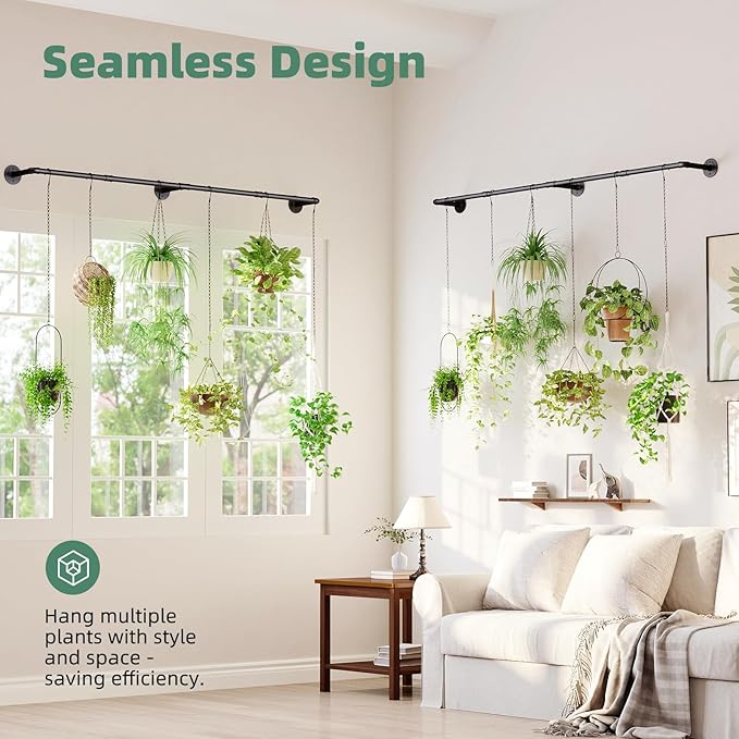 Plant Hanger Indoor with 12 Hanging Chains Hanging Planters for Indoor Plants Hanging Plant Holder Window Plant Rod Black Metal Shelves 70.8 Inch 2PCS Pot not Included-Ruum Studio Home