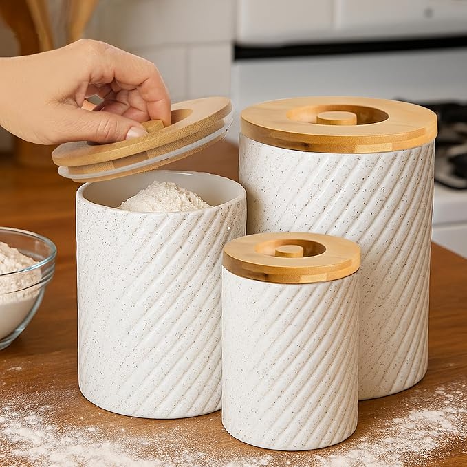 Ceramic Canister Set for Kitchen Countertop & Pantry – 3 Airtight Food Storage Containers for Flour, Sugar & More – Durable White Ceramic with Bamboo Lids-Ruum Studio Home