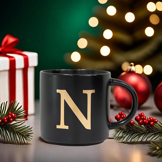 COLLECTIVE HOME - Monogram Ceramic Mugs, 15 oz Golden Initial Black Coffee Cups, Elegant Alphabet Tea Mugs, Elegant Personalized Mug with Gift Box, Unique Mug with Double Side Capital Lette (N)-Ruum Studio Home